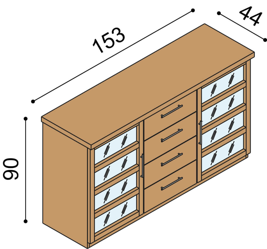 Komoda Ráchel 2 dvířka prosklená 4 zásuvky malé