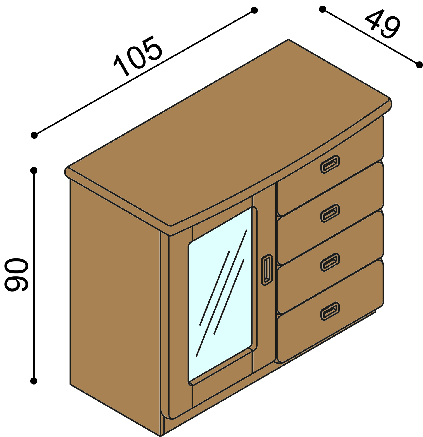 Komoda REBEKA dvířka prosklená 2 police 4 zásuvky malé