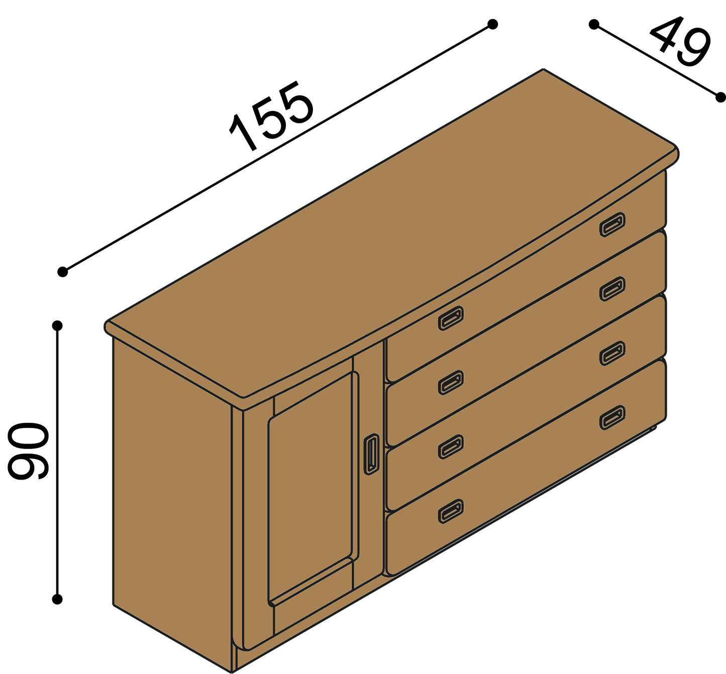 Komoda REBEKA dvířka plná 2 police 4 zásuvky velké