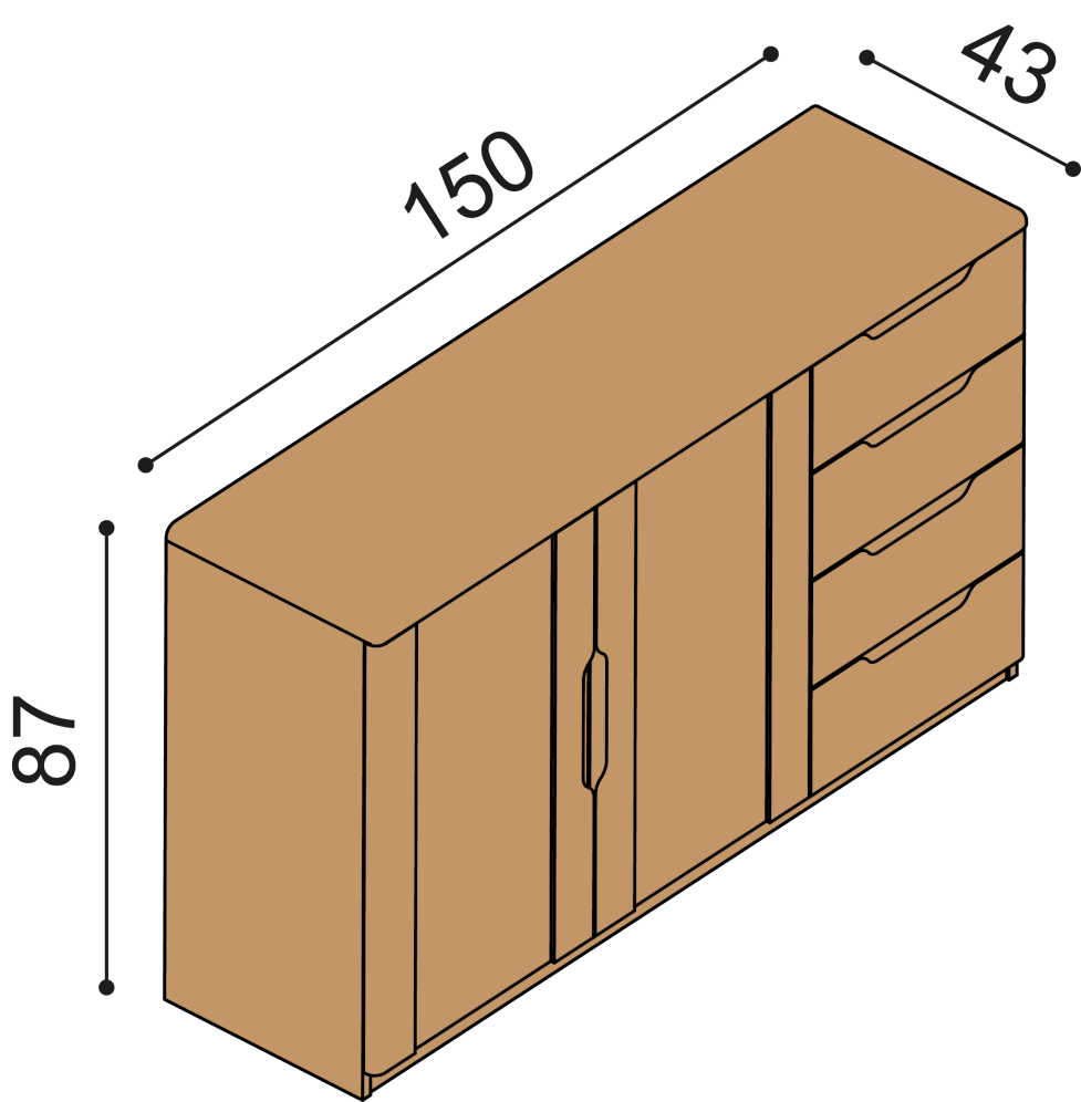 Komoda FLABO 2 dvířka plná 4 zásuvky malé