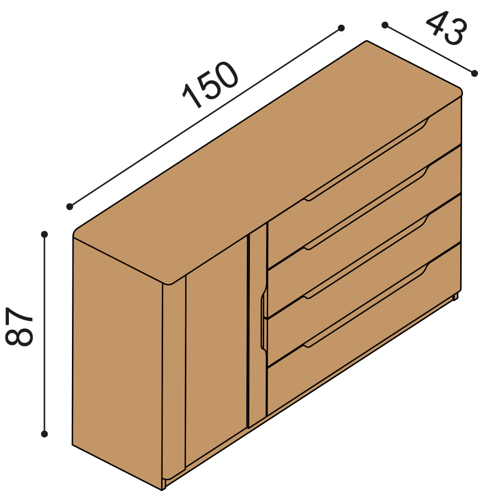 Komoda FLABO dvířka plná 4 zásuvky velké