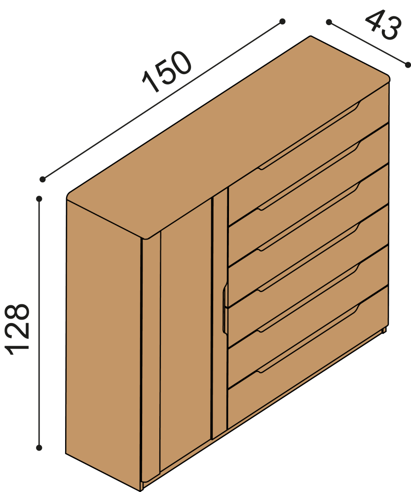 Komoda FLABO dvířka plná 6 zásuvek velkých