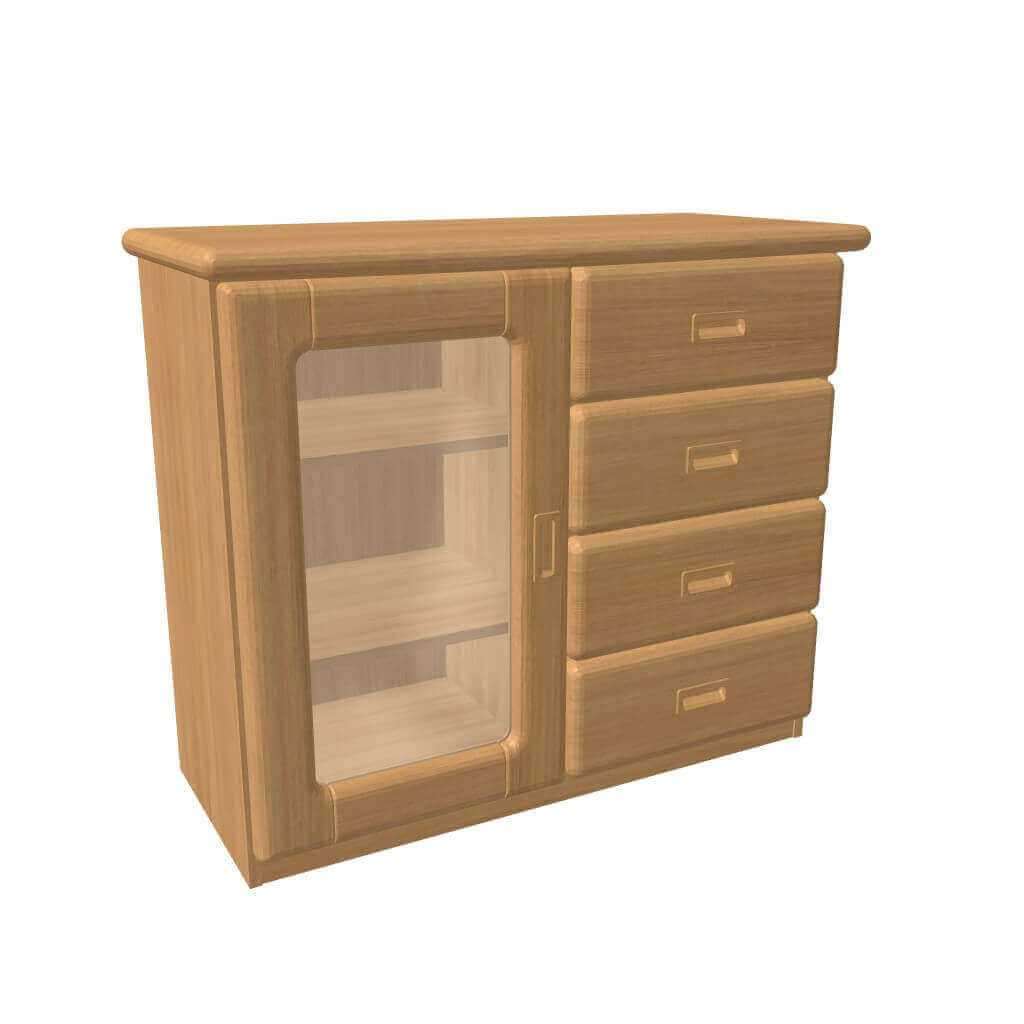 Komoda REBEKA dvířka prosklená 2 police 4 zásuvky malé