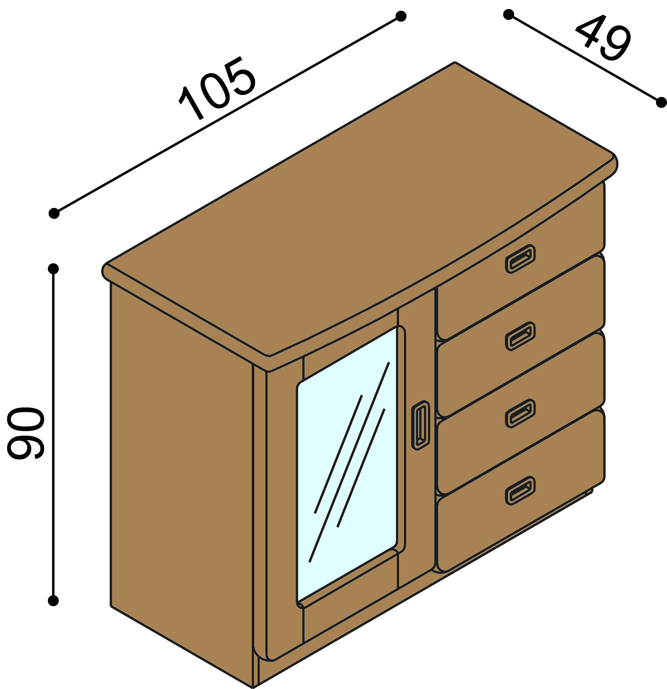 Komoda REBEKA dvířka prosklená 2 police 4 zásuvky malé