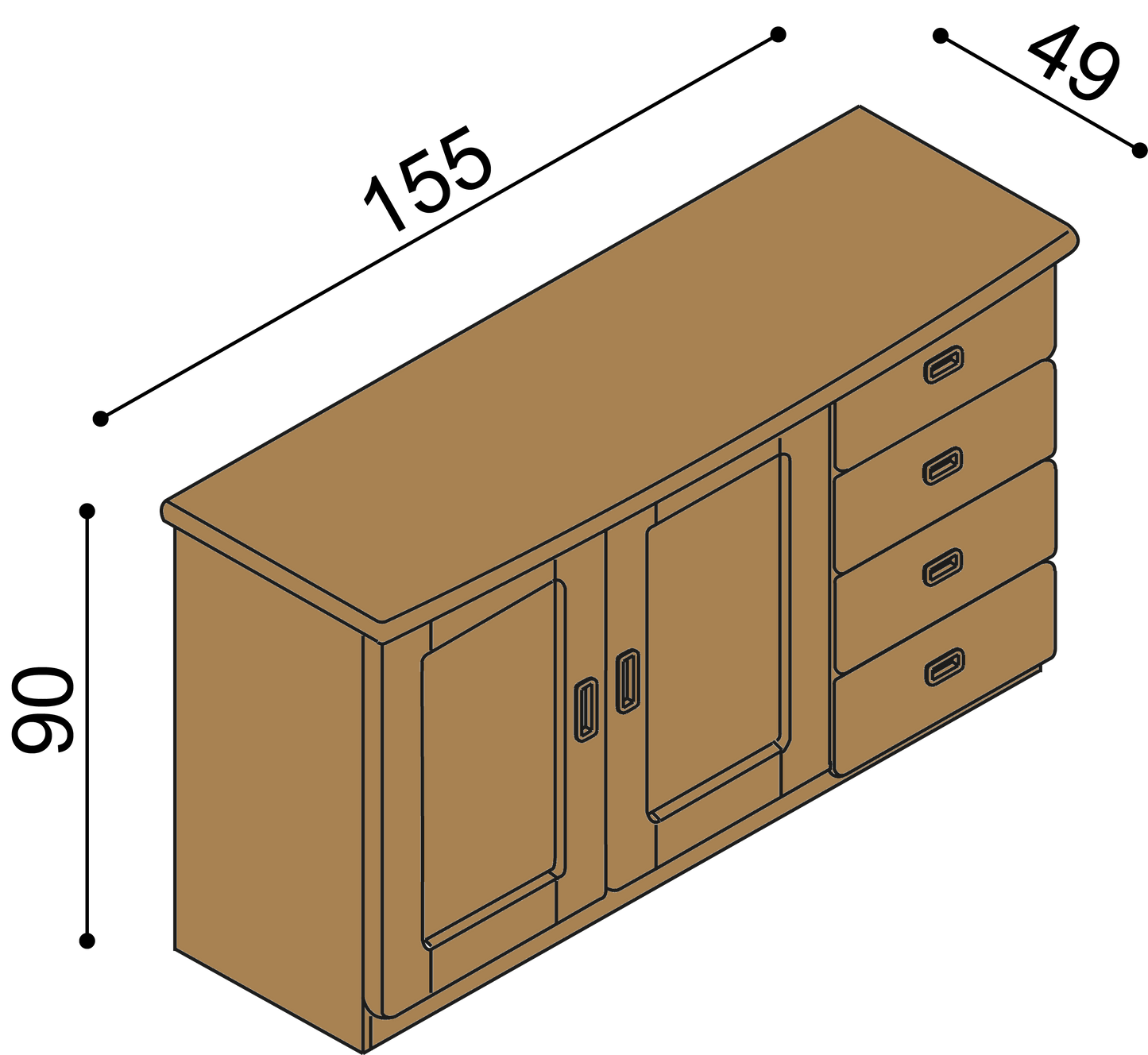 Komoda REBEKA 2 dvířka plná 2 police 4 zásuvky malé