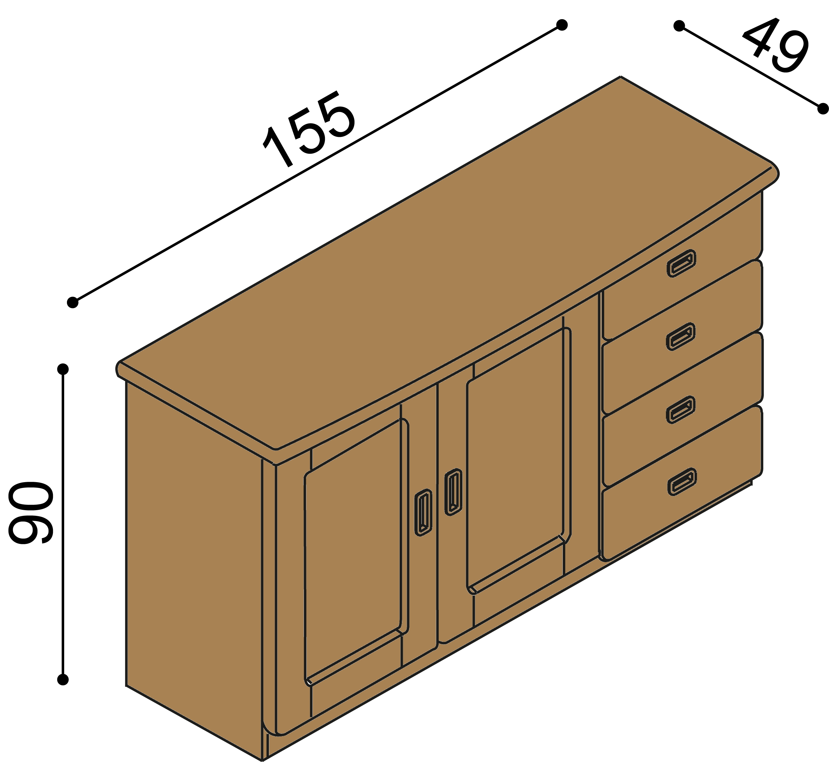 Komoda REBEKA 2 dvířka plná 2 police 4 zásuvky malé