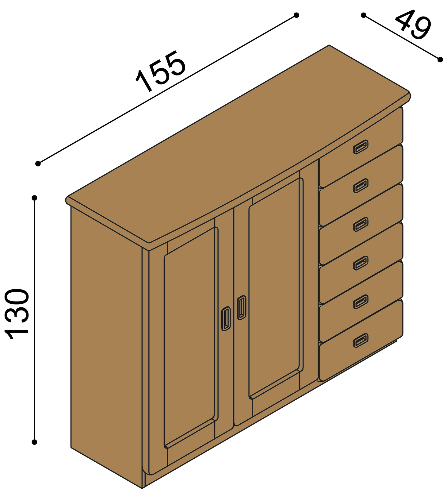 Komoda REBEKA dvířka plná 3 police 6 zásuvek malých